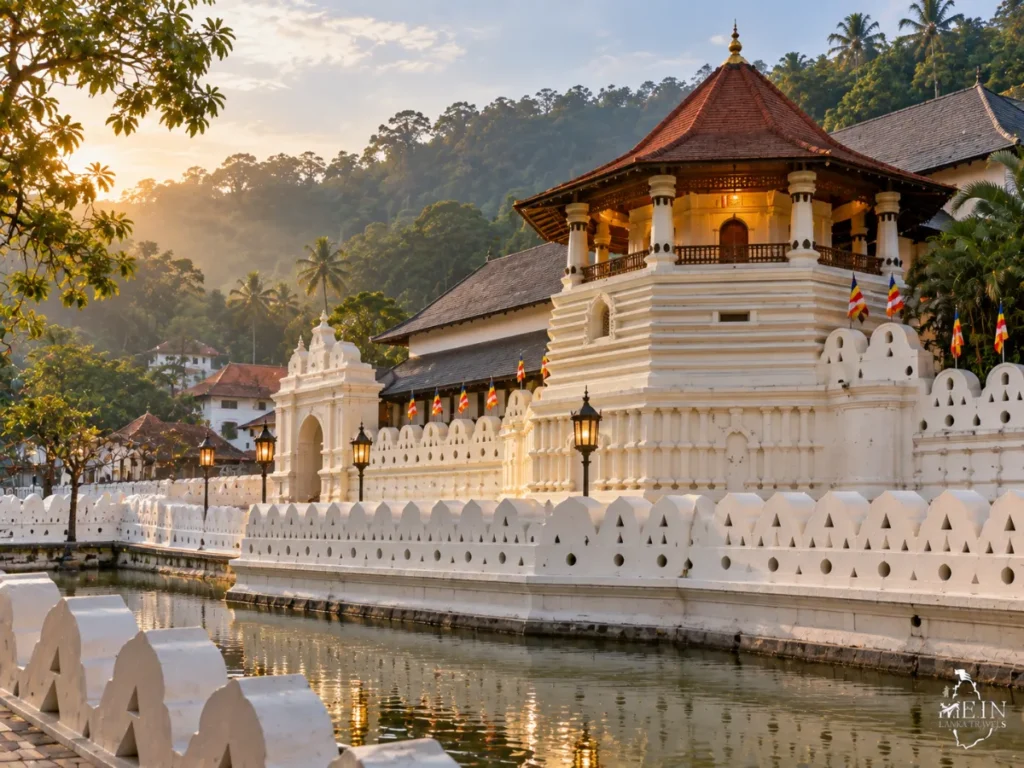 White walls and gold-roofed shrine of the Temple of the Sacred Tooth Relic in Kandy, Sri Lanka.